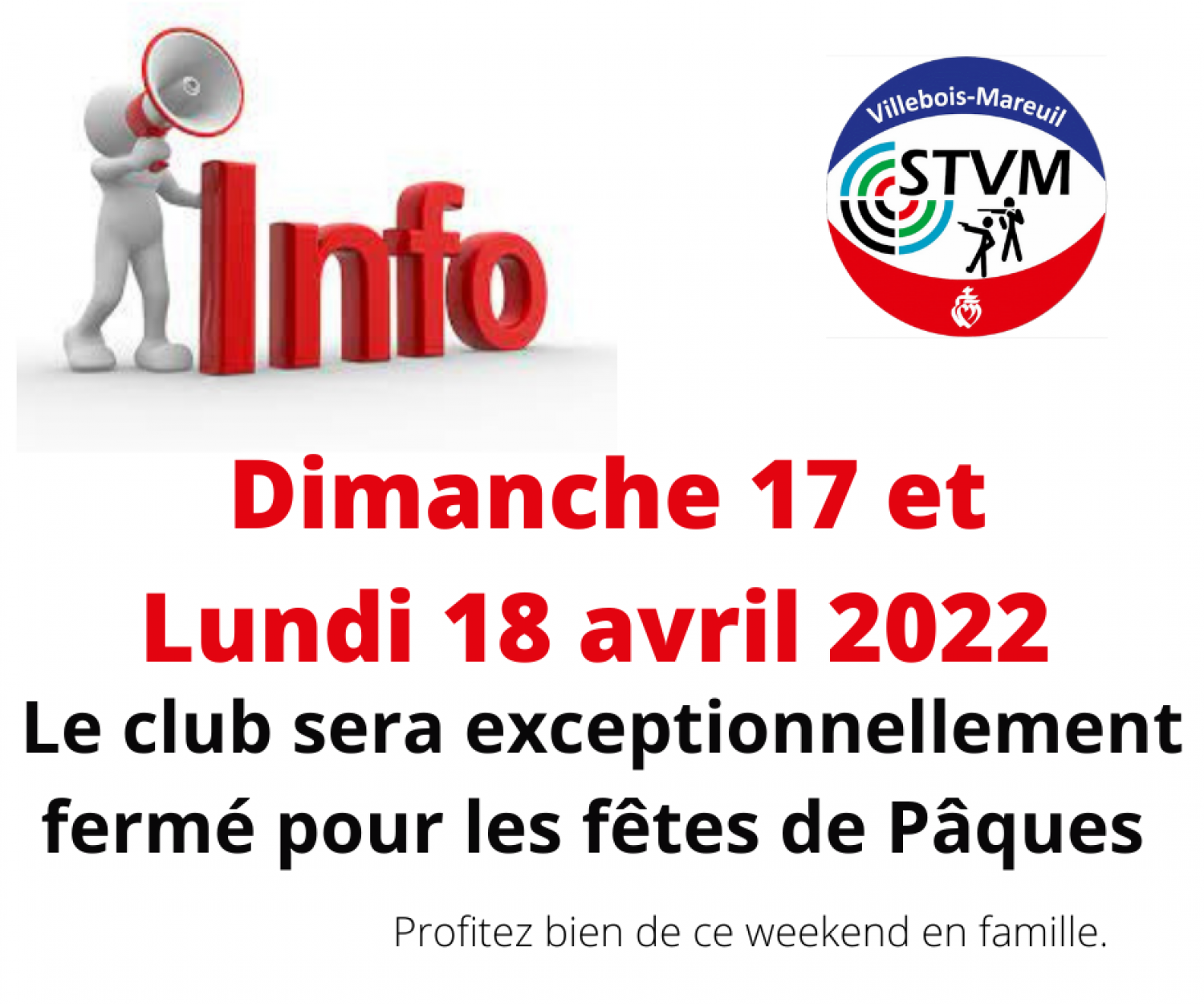 Fermeture exceptionnelle Dimanche 17 et lundi 18 avril